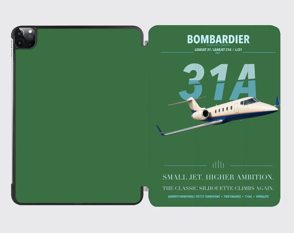 Bombardier Learjet 31A design on green ipad tablet case