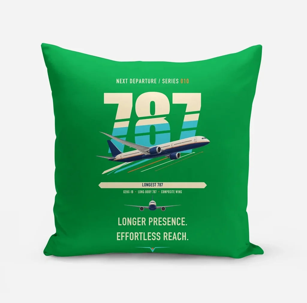 Boeing 787-10 Dreamliner design on green pillow