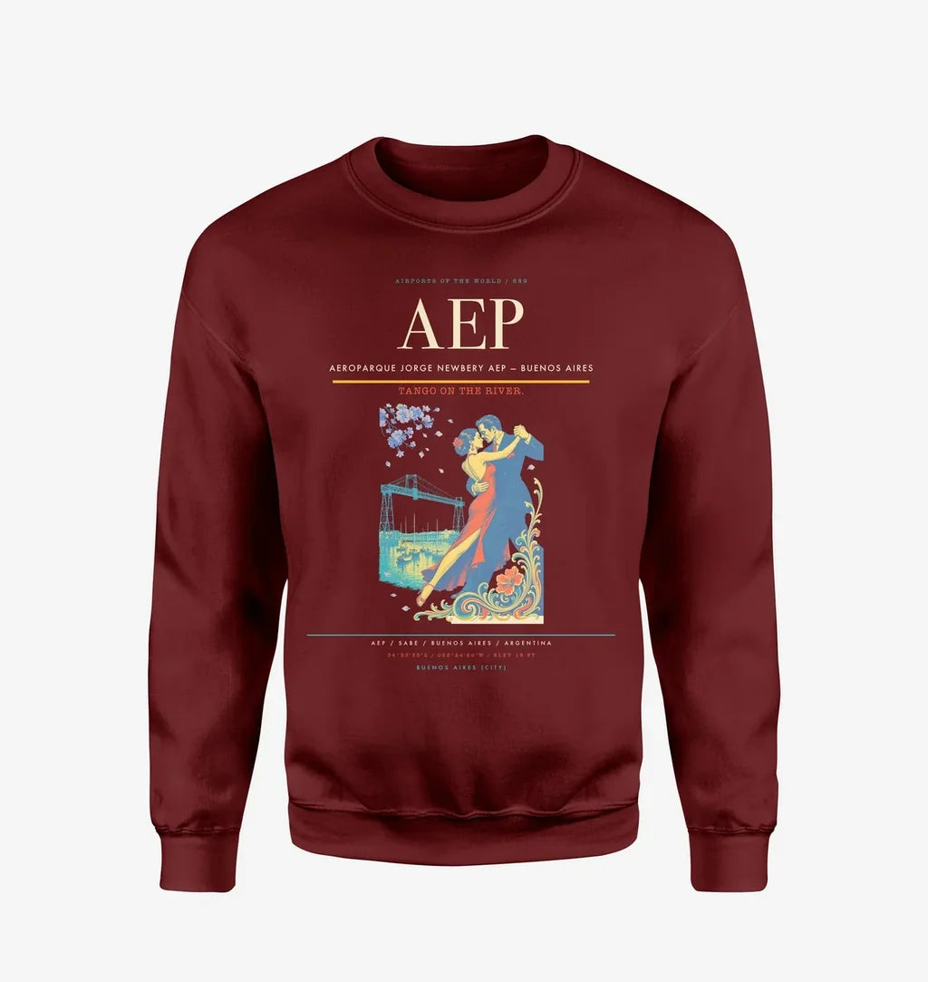Aeroparque Jorge Newbery (AEP) design on wine red sweatshirt