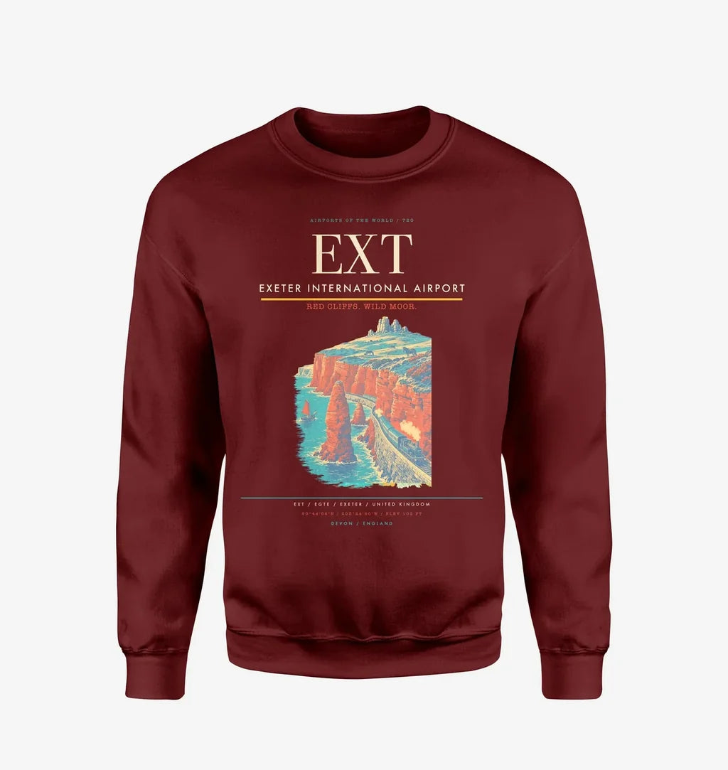 Exeter International Airport (EXT) design on wine red sweatshirt