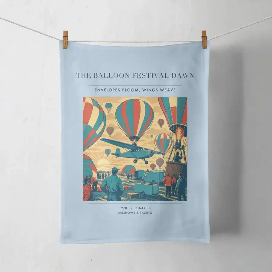 VINTAGE G4394 - The Balloon Festival Dawn - Designed Towels design on lightblue