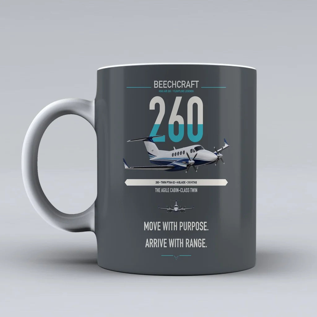 Beechcraft King Air 260 design on gray ceramic mug, double-side print