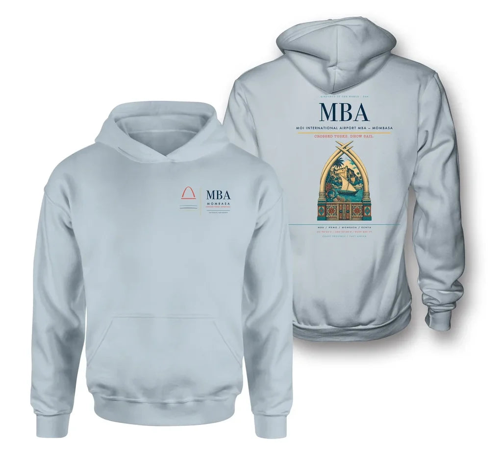 Moi International Airport (MBA) design on light blue double-side hoodie