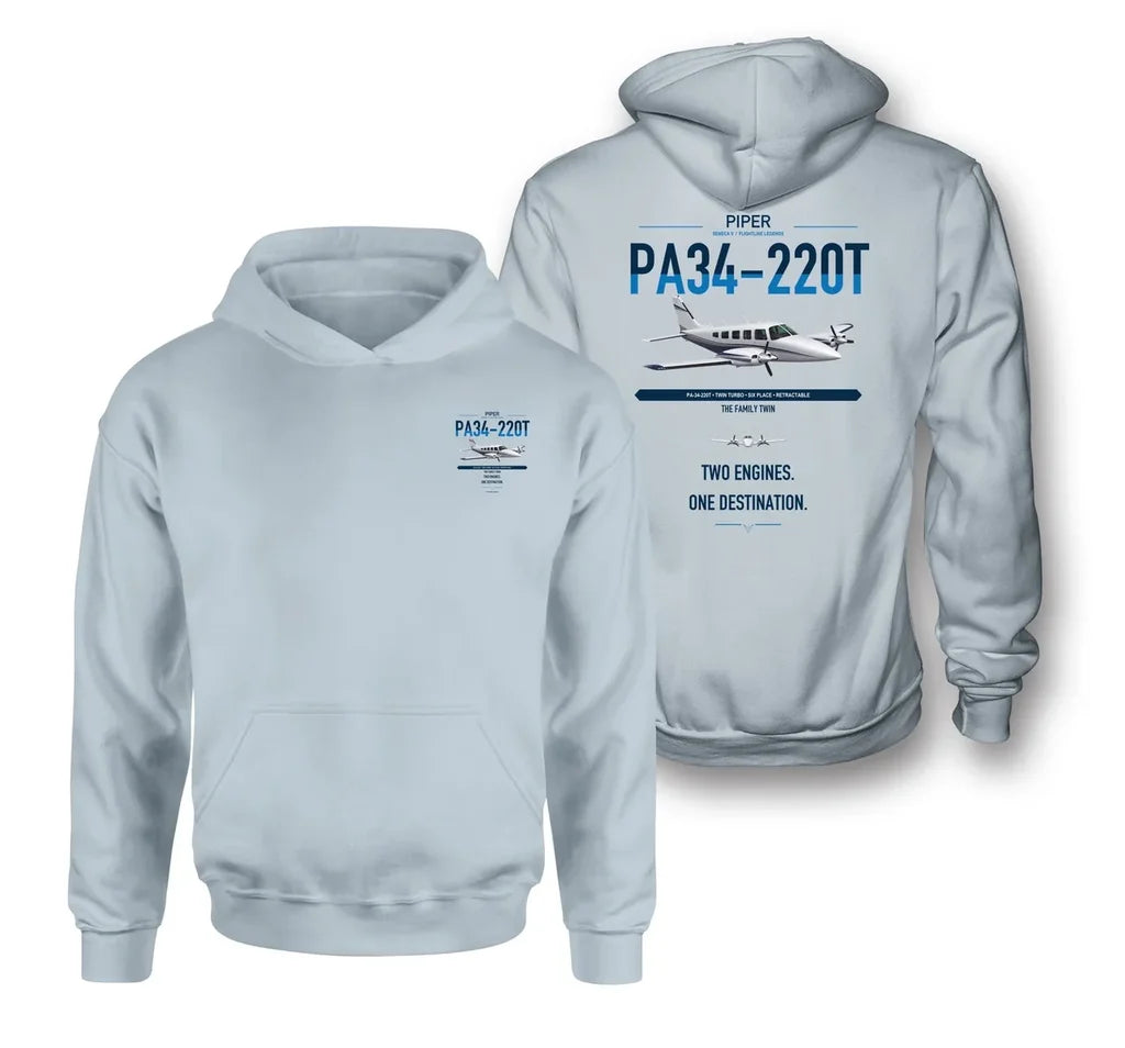 Piper PA-34-220T Seneca V design on light blue double-side hoodie, double-side print