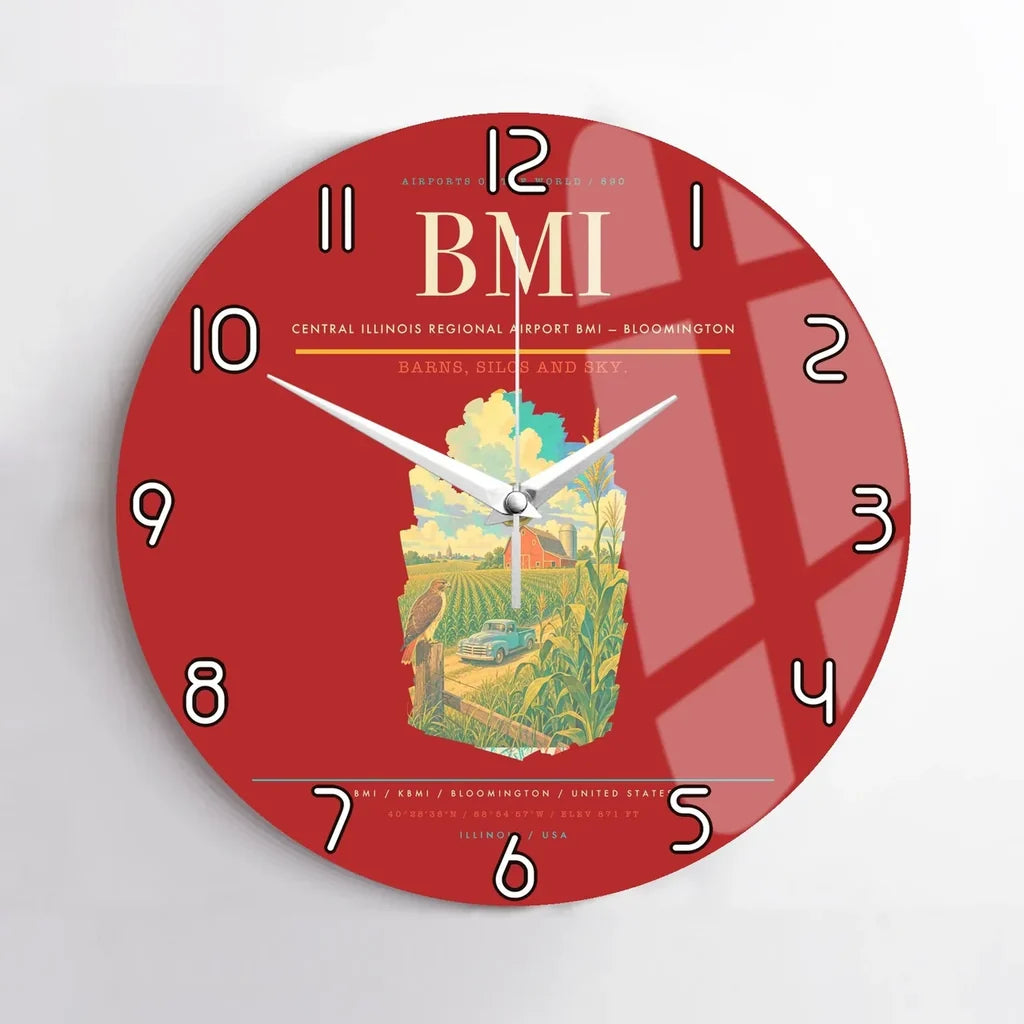 Central Illinois Regional Airport (BMI) design on red no frame wall clock
