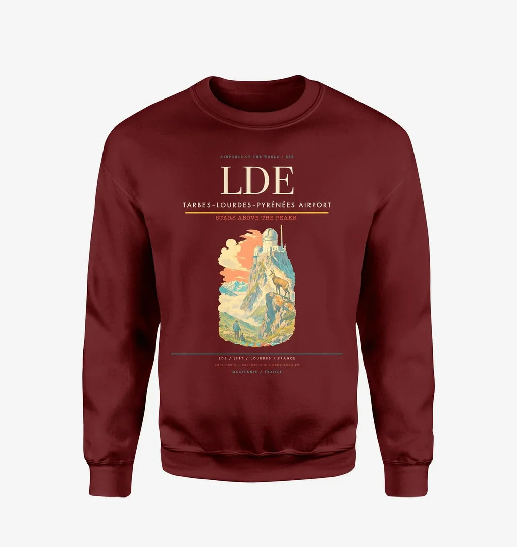 Tarbes–Lourdes–Pyrénées Airport (LDE) design on wine red sweatshirt