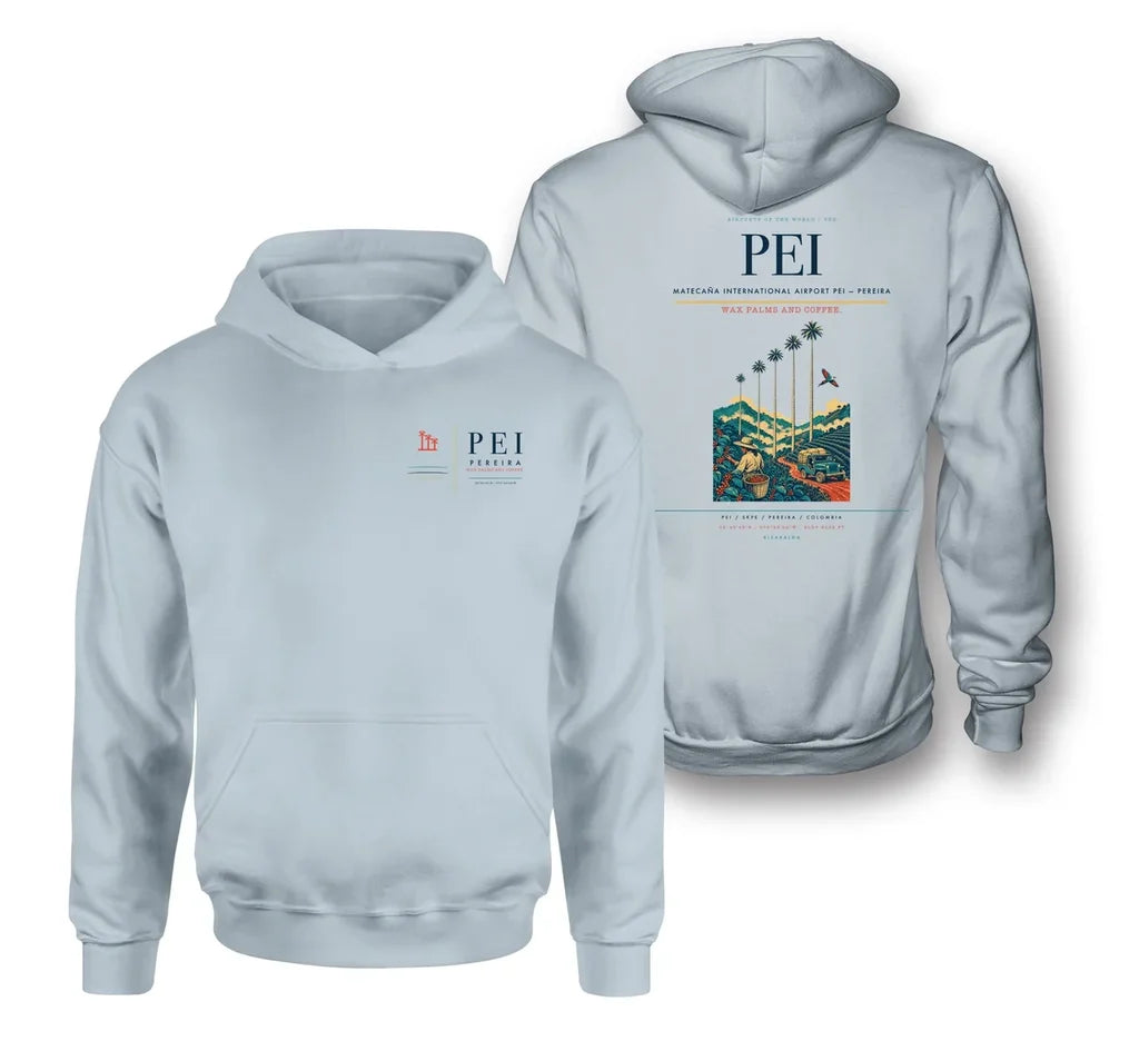 Matecaña International Airport (PEI) design on light blue double-side hoodie