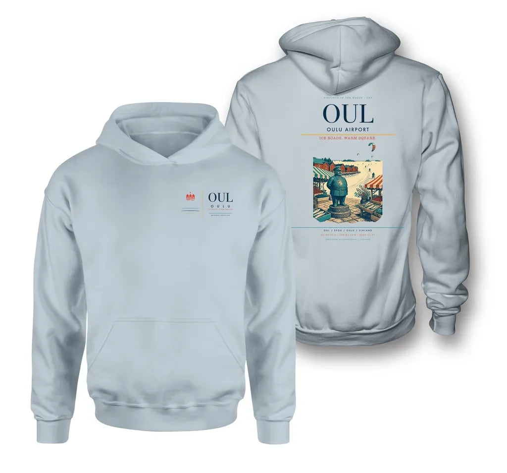 Oulu Airport (OUL) design on light blue double-side hoodie