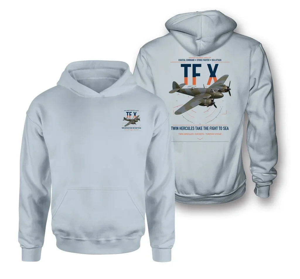 Bristol Beaufighter TF X design on light blue double-side hoodie, double-side print