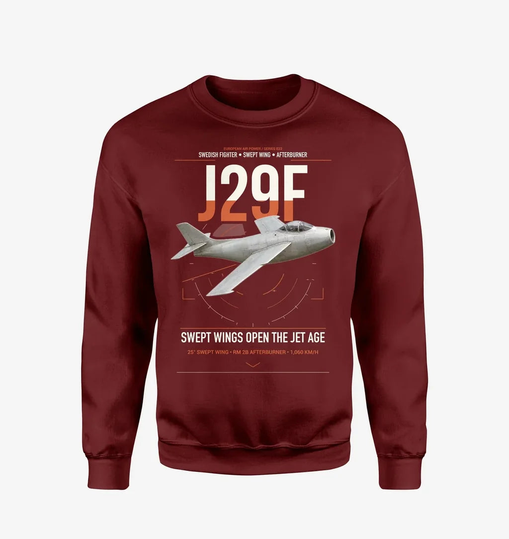 Saab J 29F Tunnan design on wine red sweatshirt