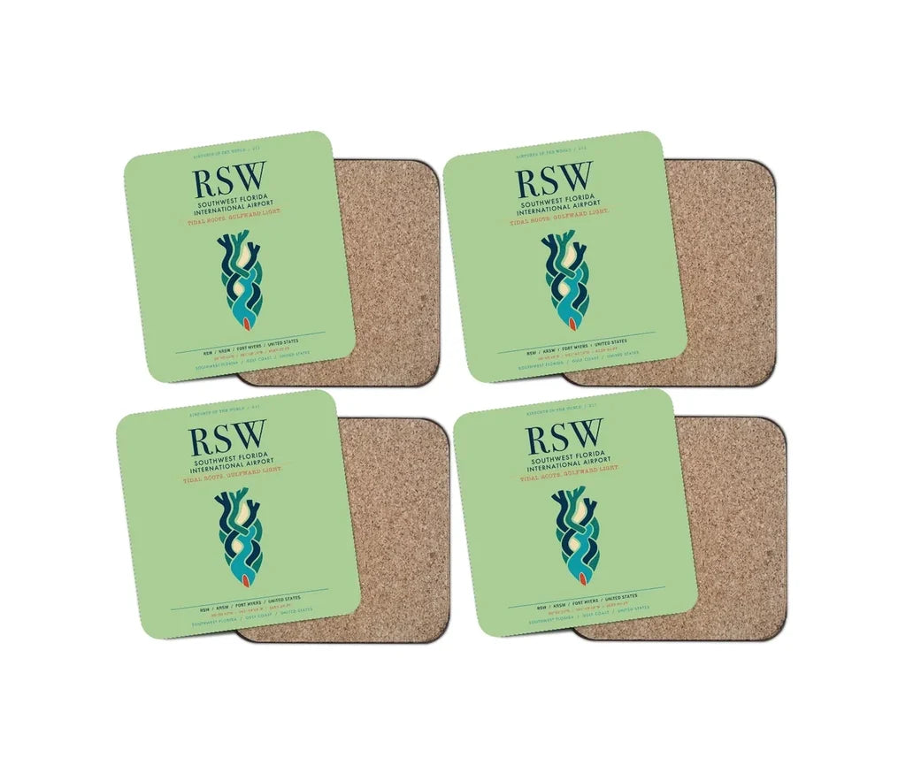 Southwest Florida International Airport (RSW) design on light green 4 pieces set coaster