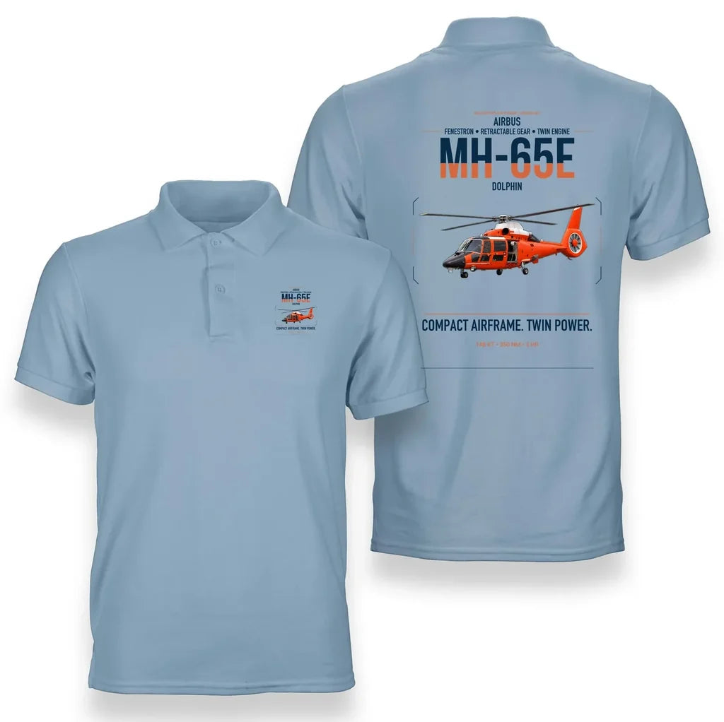 Airbus MH-65E Dolphin design on light blue double-side polo t-shirt, double-side print