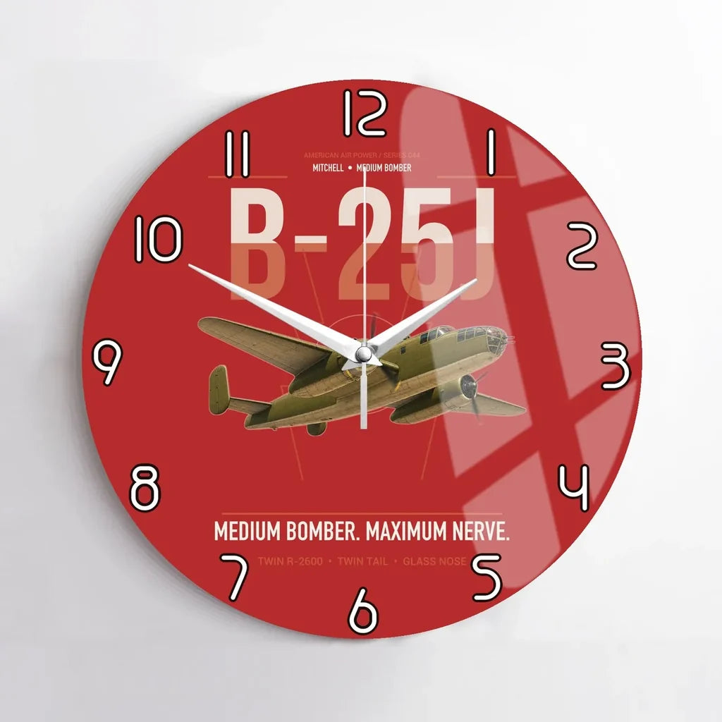 B-25J Mitchell design on red no frame wall clock