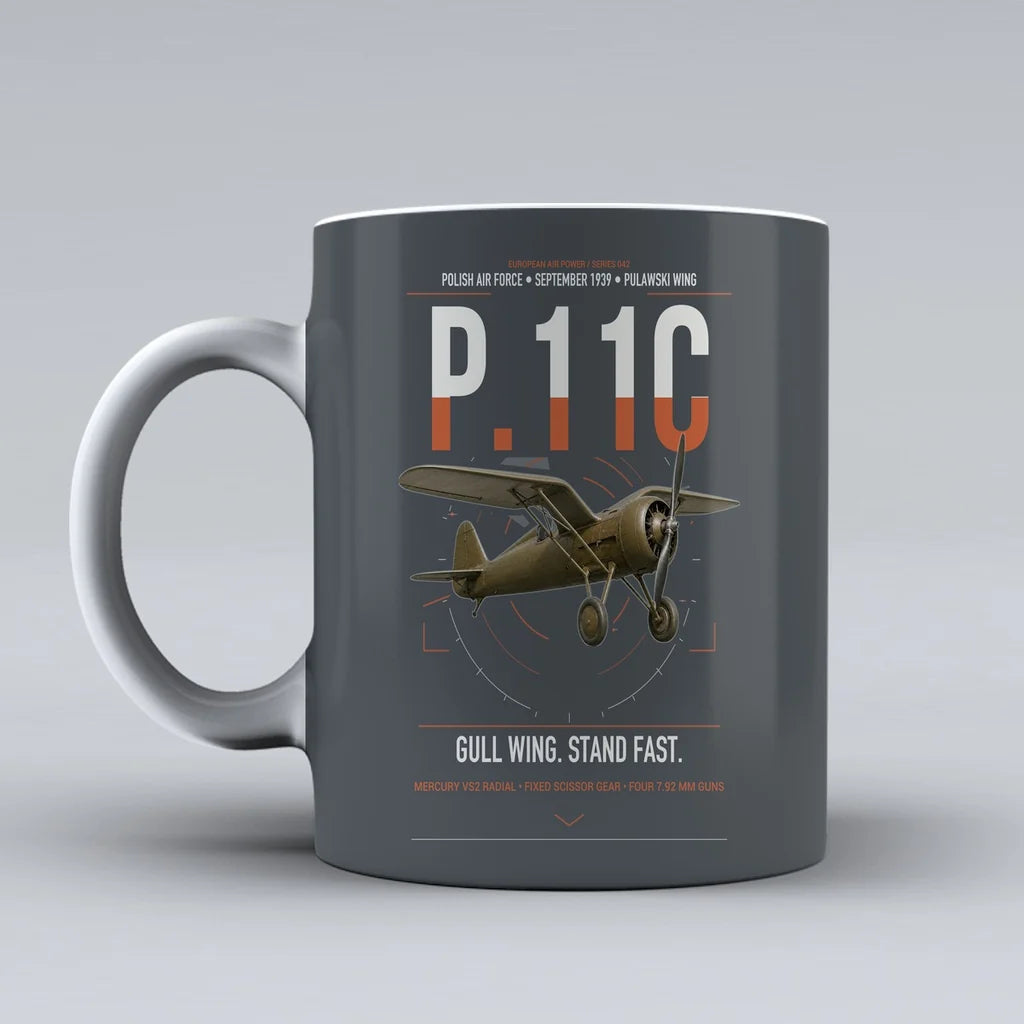 PZL P.11c design on gray ceramic mug, double-side print