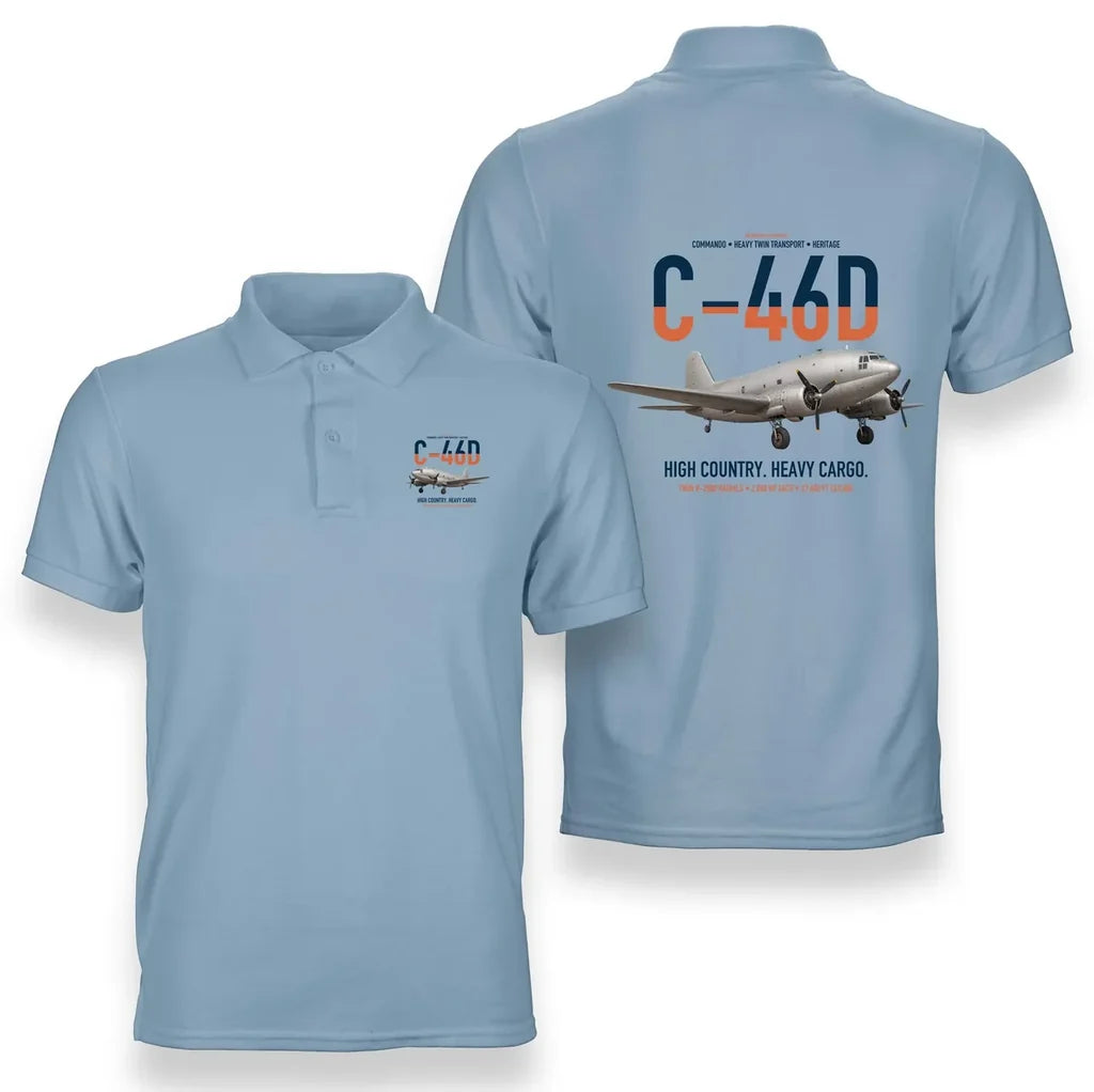 C-46D Commando design on light blue double-side polo t-shirt, double-side print