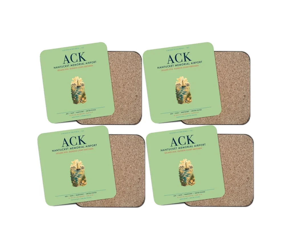 Nantucket Memorial Airport (ACK) design on light green 4 pieces set coaster