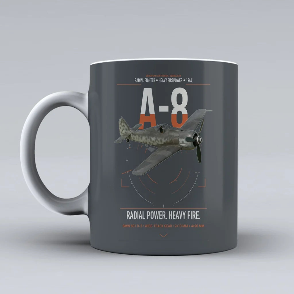 Focke-Wulf Fw 190A-8 design on gray ceramic mug, double-side print
