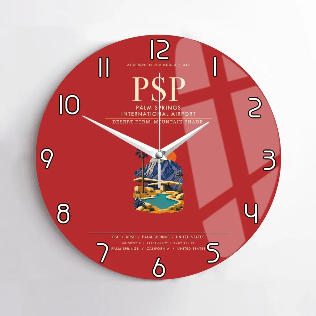Palm Springs International Airport (PSP) design on red no frame wall clock