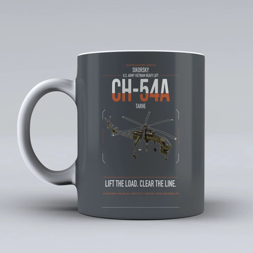 Sikorsky CH-54A Tarhe design on gray ceramic mug, double-side print
