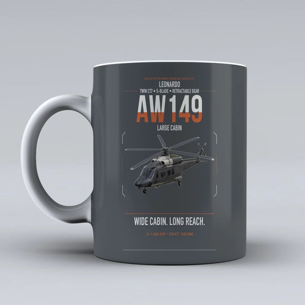 Leonardo AW149 design on gray ceramic mug, double-side print