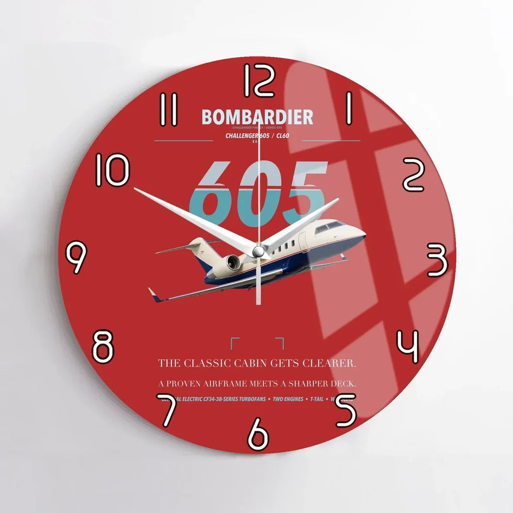 Bombardier Challenger 605 design on red no frame wall clock
