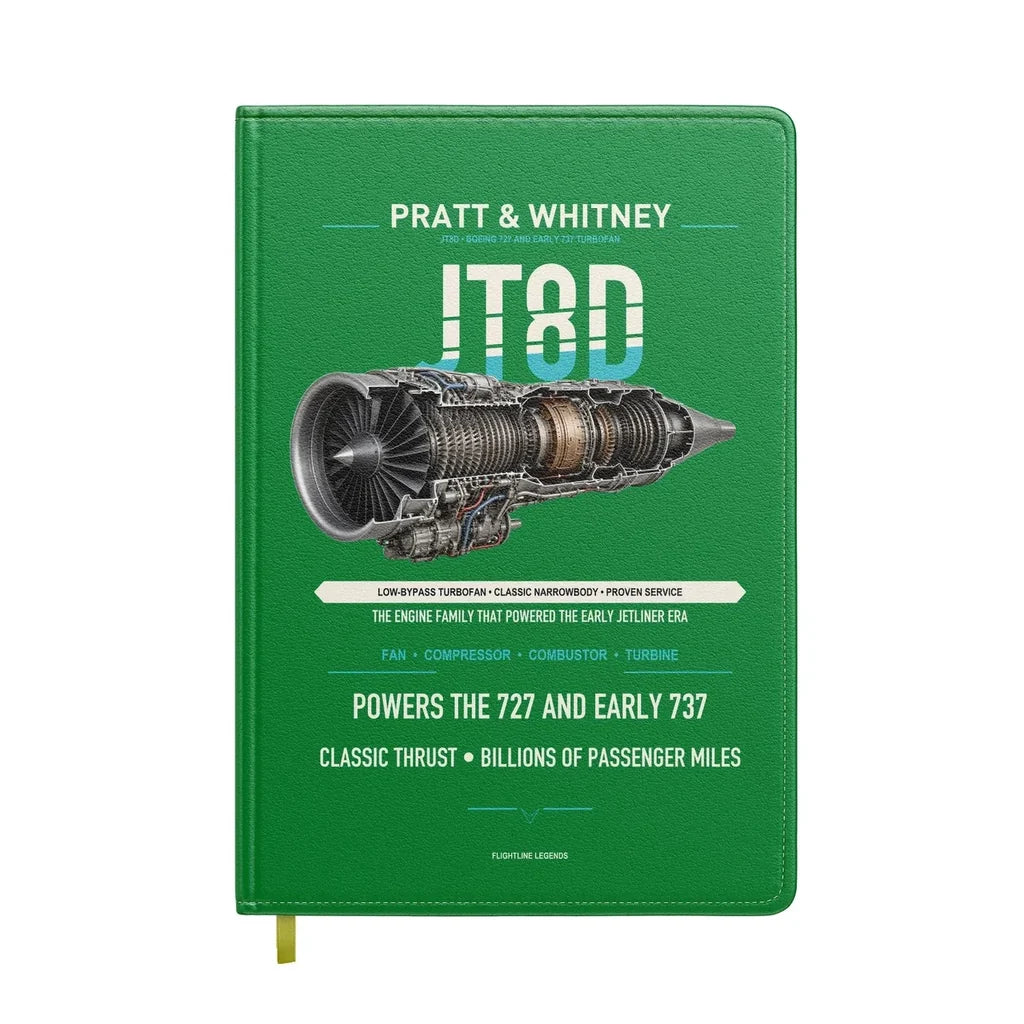 JT8D design on green notebook