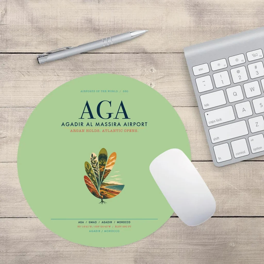 Agadir Al Massira Airport (AGA) design on light green round mouse pad