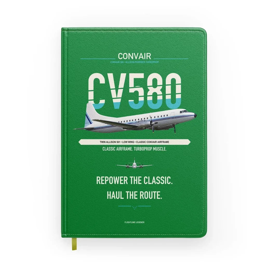 Convair 580 design on green notebook