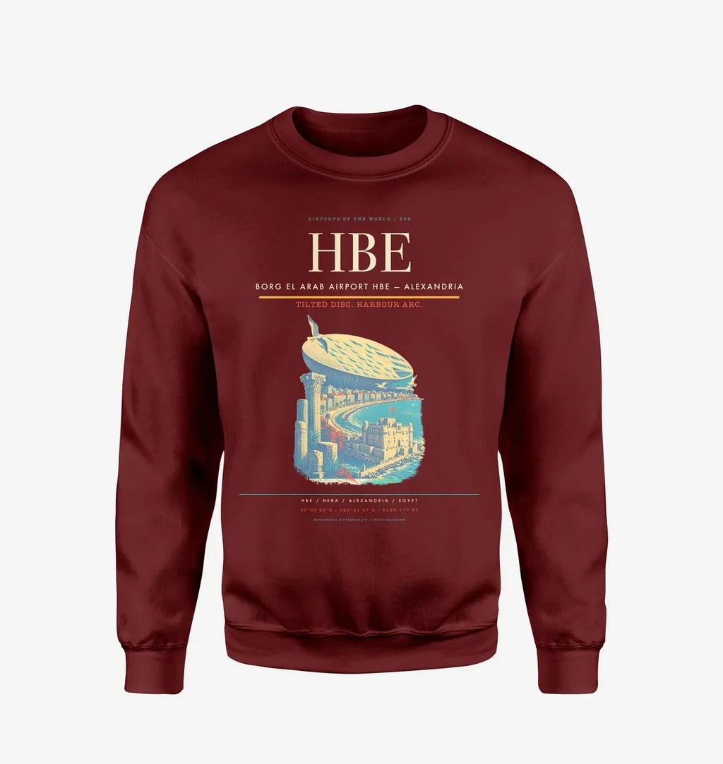 Borg El Arab Airport (HBE) design on wine red sweatshirt