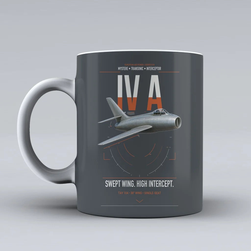 Dassault Mystère IV A design on gray ceramic mug, double-side print