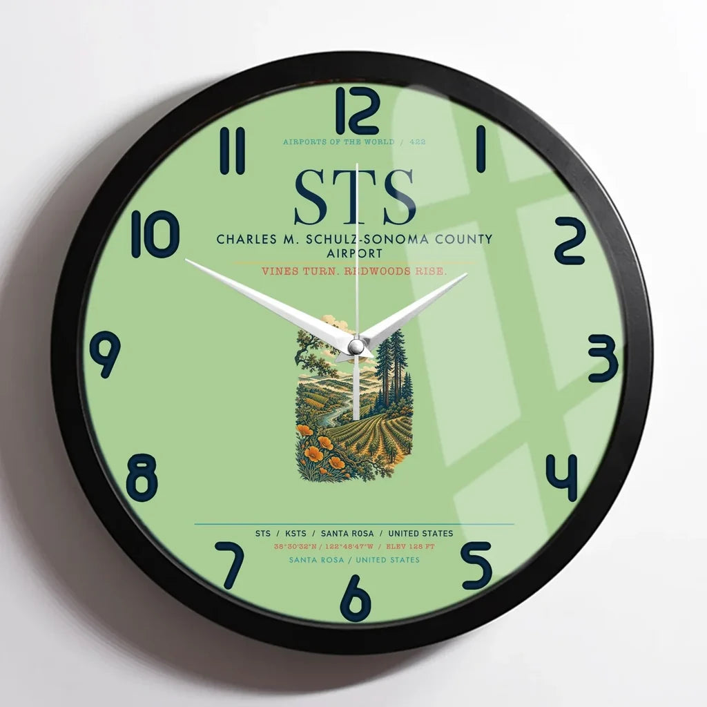 Charles M. Schulz–Sonoma County Airport Santa Rosa (STS) design on light green framed wall clock