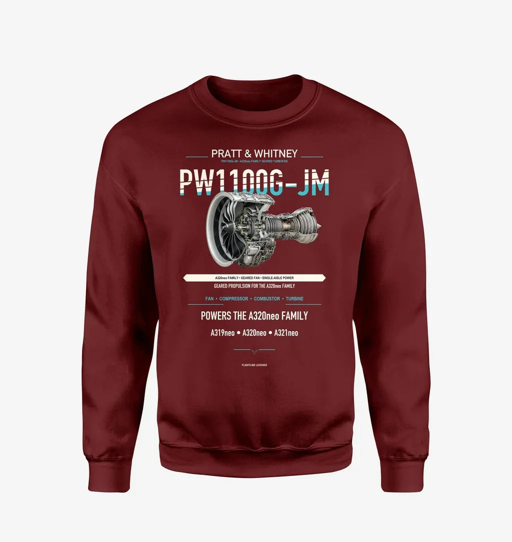 PW1100G-JM design on wine red sweatshirt