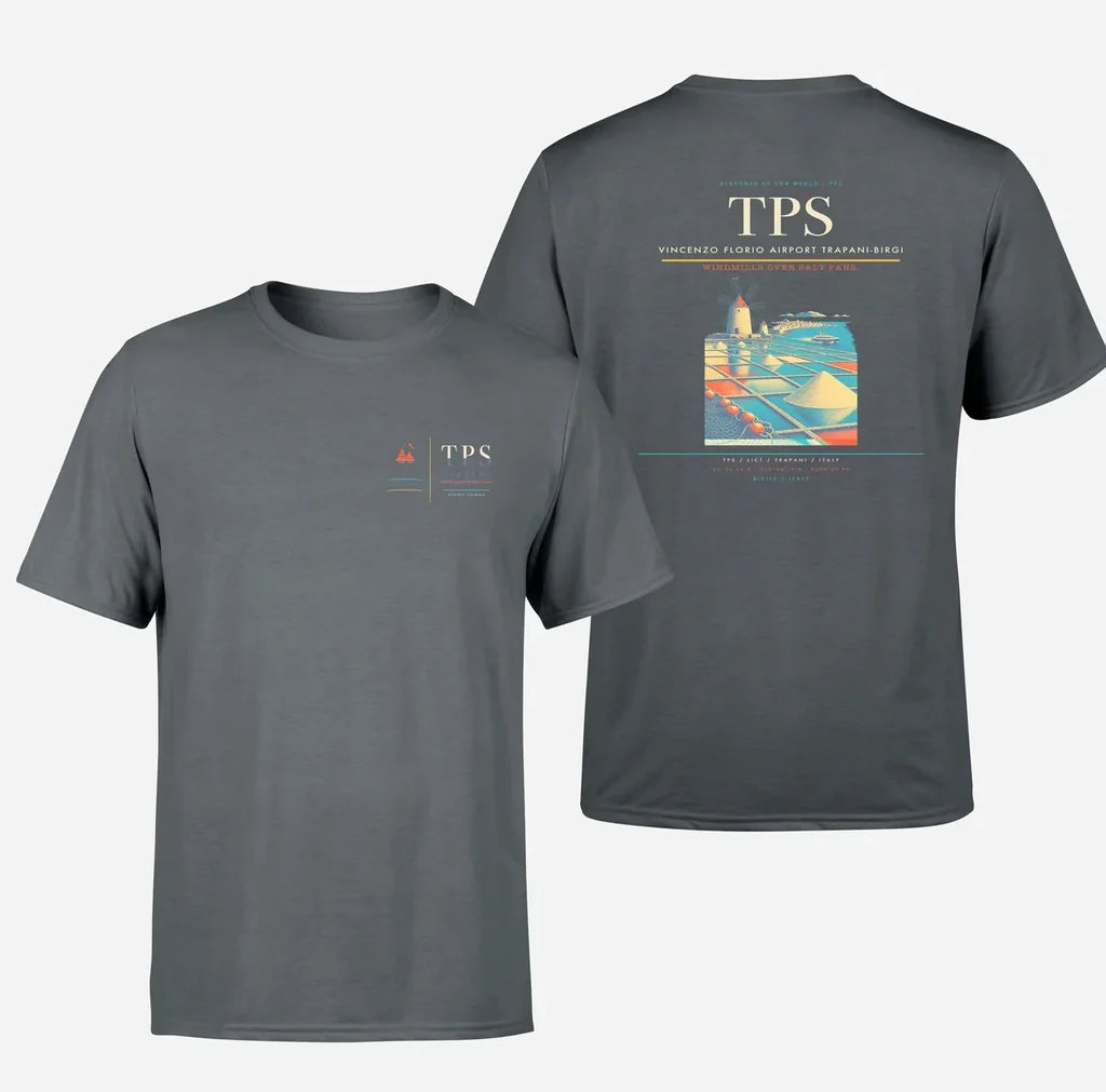 Vincenzo Florio Airport Trapani-Birgi (TPS) design printed on gray double-side t-shirt