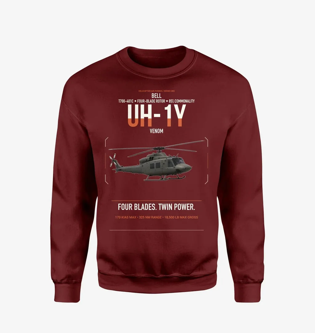 Bell UH-1Y Venom design on wine red sweatshirt