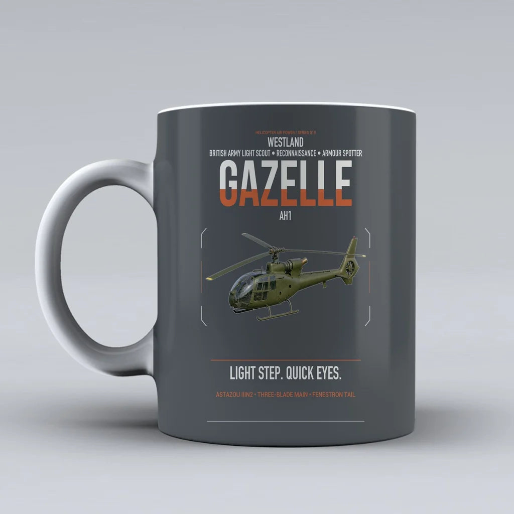 Westland Gazelle AH1 design on gray ceramic mug, double-side print