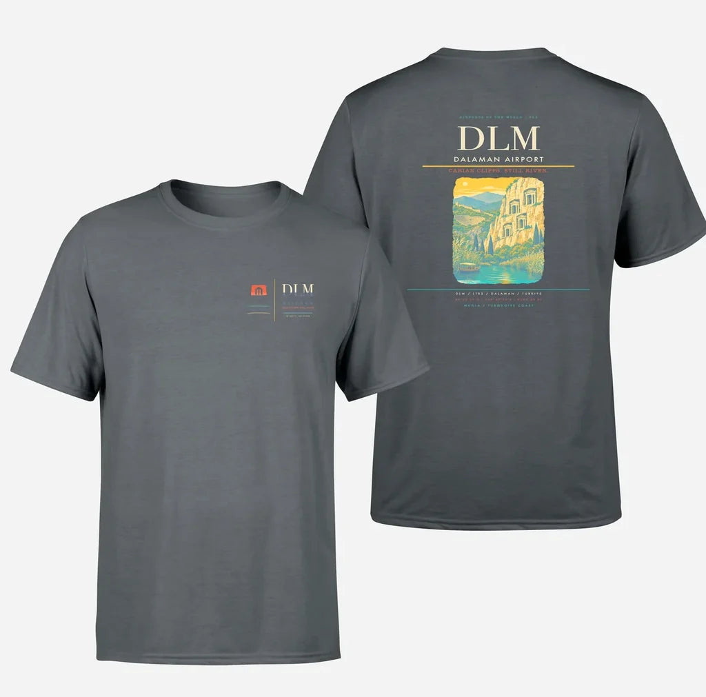 Dalaman Airport (DLM) design printed on gray double-side t-shirt