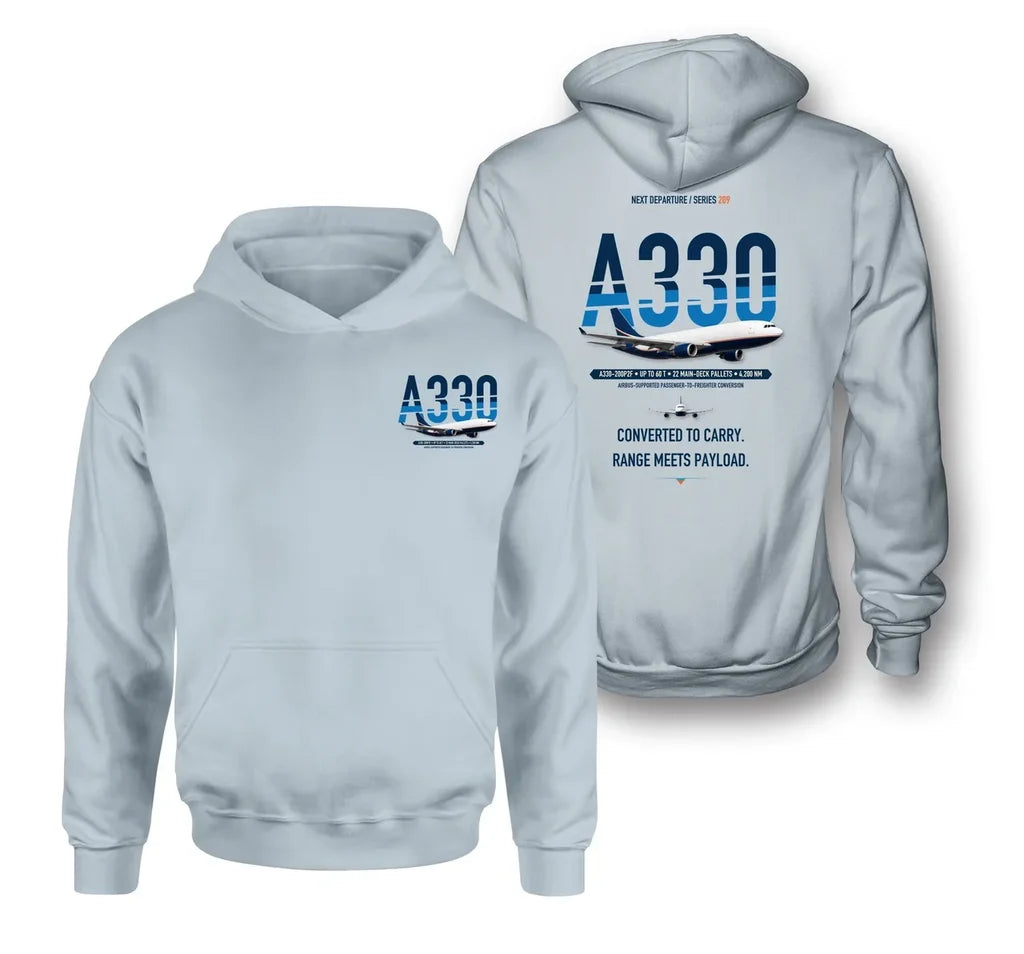 Airbus A330-200P2F design on light blue hoodie