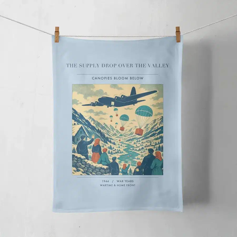 VINTAGE G4512 - The Supply Drop Over The Valley - Designed Towels design on lightblue