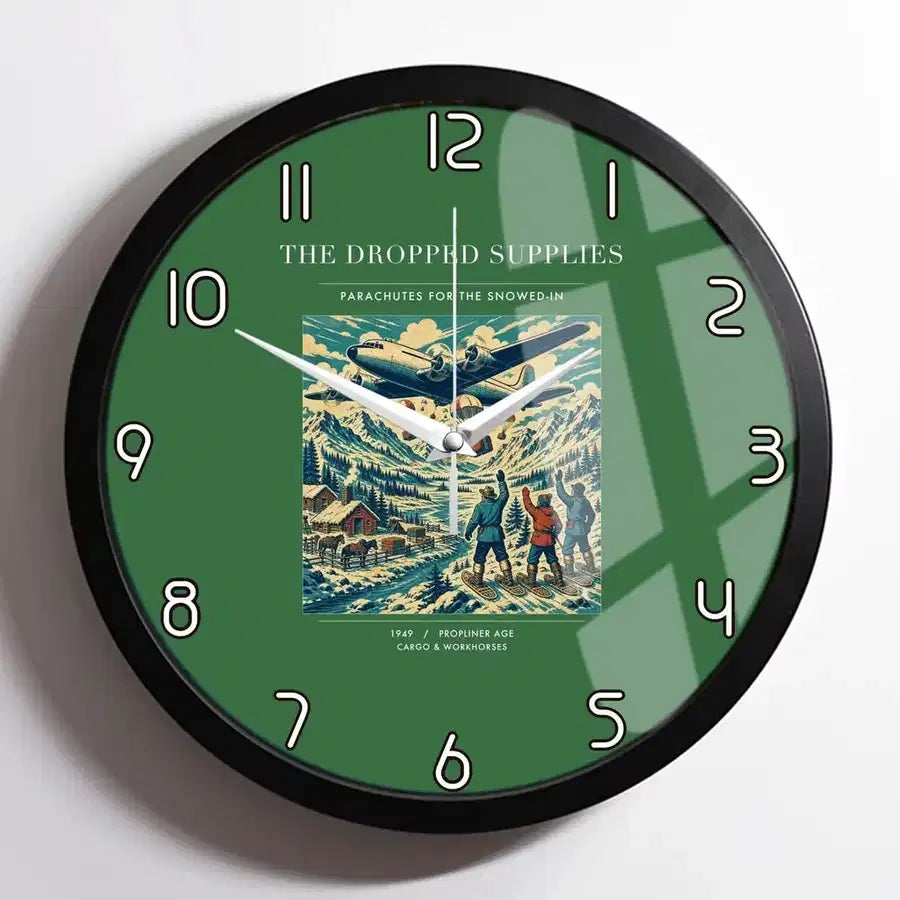 VINTAGE G4234 - The Dropped Supplies - Designed Wall Clocks design on green framed
