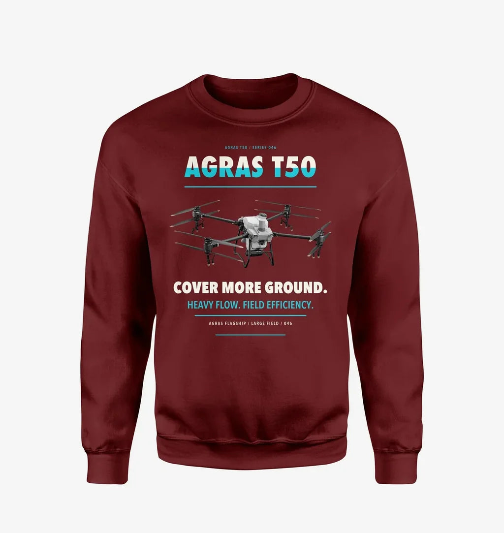 DJI Agras T50 design on wine red sweatshirt