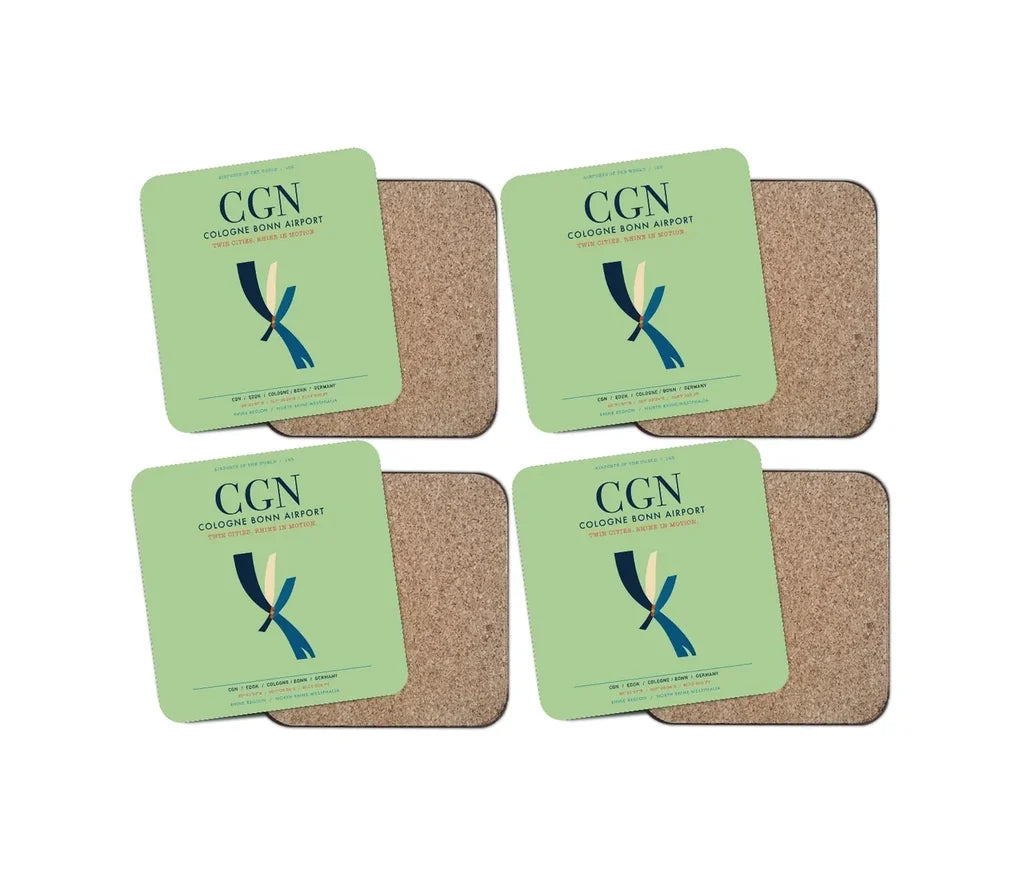 Cologne Bonn Airport (CGN) design on light green 4 pieces set coaster