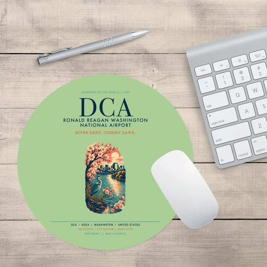 Ronald Reagan Washington National Airport (DCA) design on light green round mouse pad