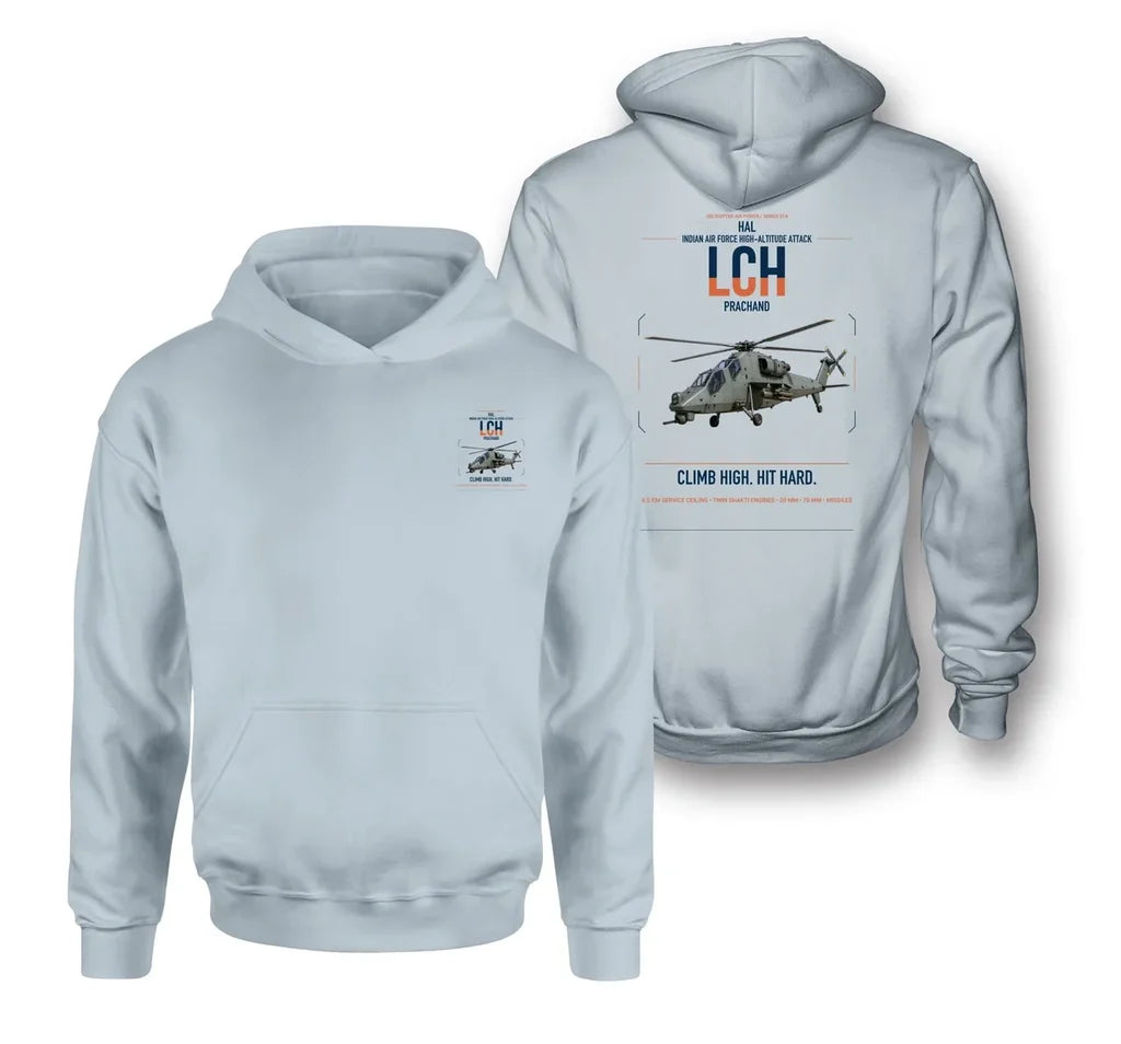 HAL LCH Prachand design on light blue double-side hoodie, double-side print