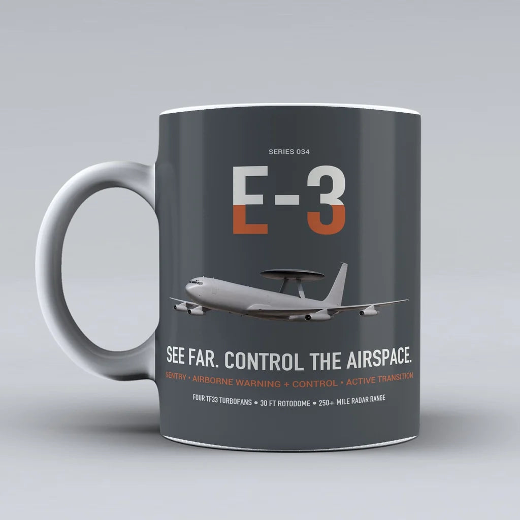 E-3 Sentry AWACS design on gray ceramic mug, double-side print