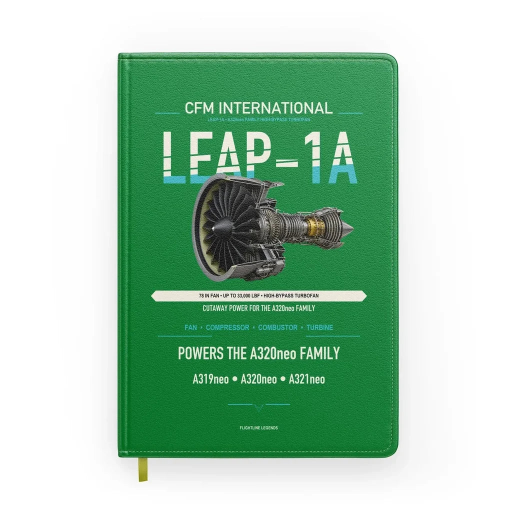 CFM LEAP-1A design on green notebook