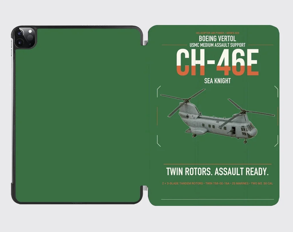 Boeing Vertol CH-46E Sea Knight design on green ipad tablet case