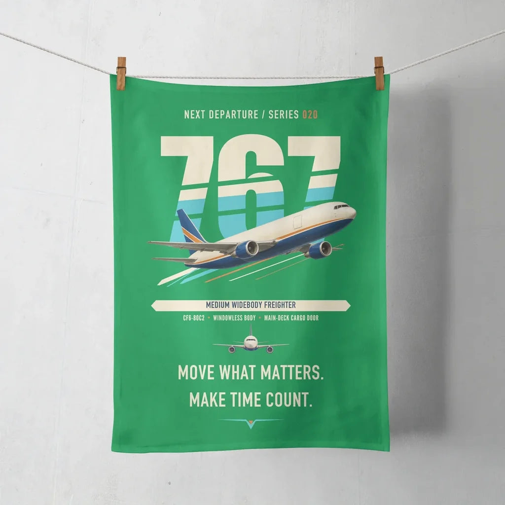 Boeing 767-300F design on green towel