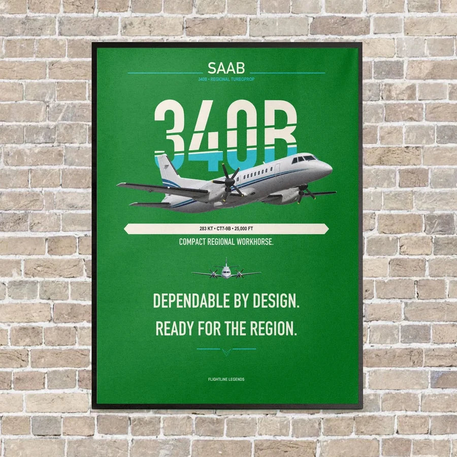 Saab 340B vertical canvas print - framed - green background
