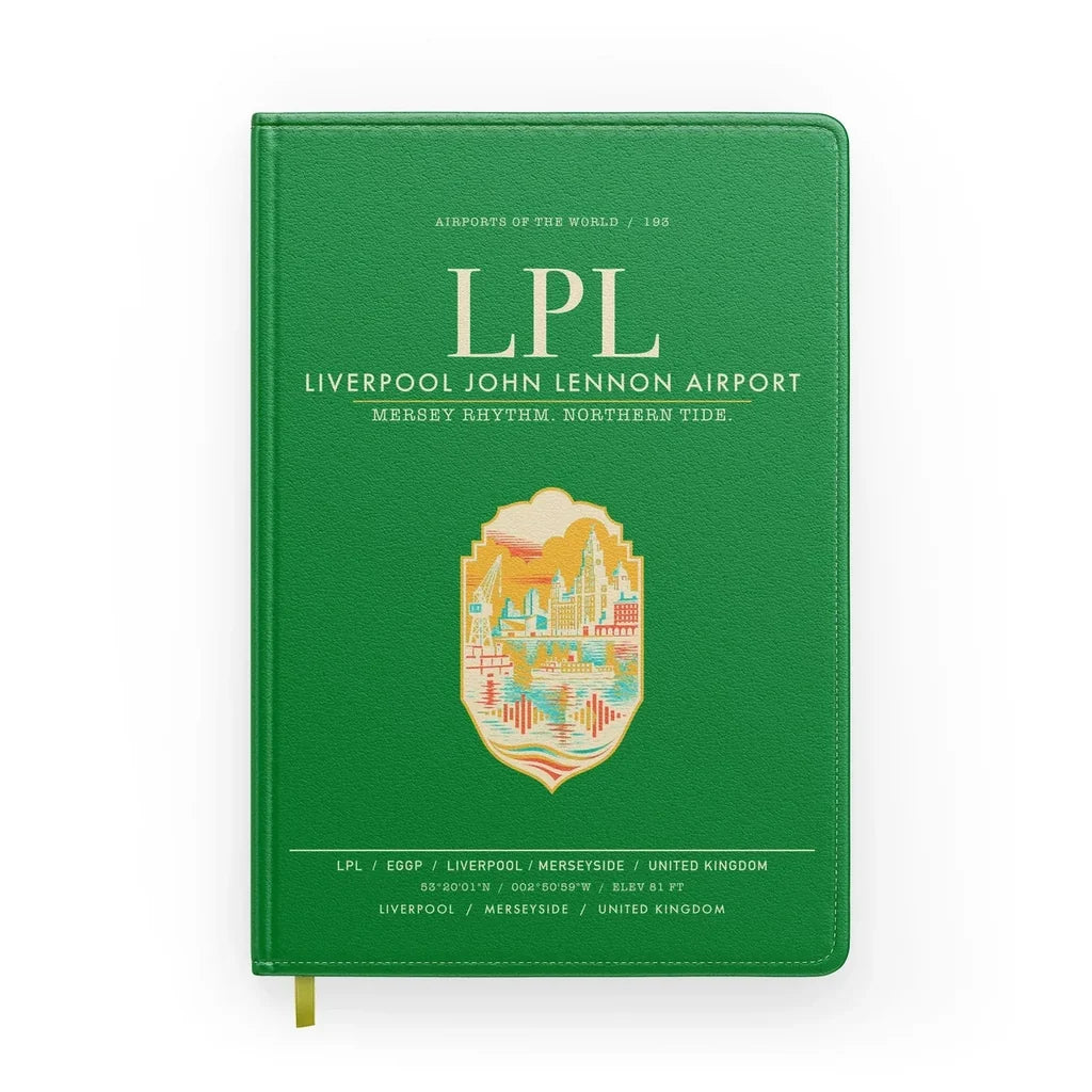 Liverpool John Lennon Airport (LPL) design on green notebook