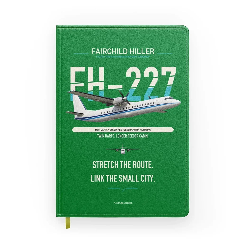 Fairchild Hiller FH-227B design on green notebook